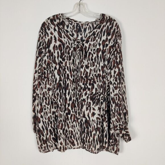None Tops - Women's Blouse Size XL Buttoned White Black Brown Leopard Print Business Casual